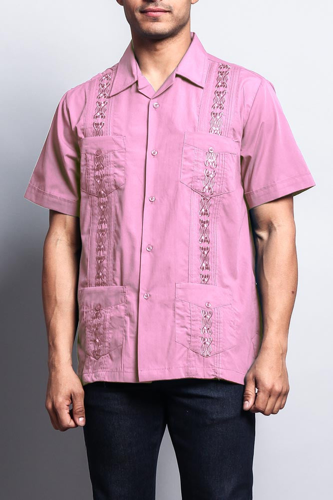 Men's Short Sleeve Cuban Style Guayabera Shirt (Pink), Pink / X-Large Men's Short Sleeve Cuban Style Guayabera Shirt (Pink), Pink / X-Large