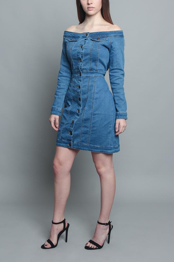 Off the Shoulder Denim Dress, Blue / Small Off the Shoulder Denim Dress, Blue / Small