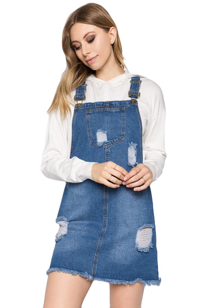 Destroyed Denim Overall Dress, Blue / Small