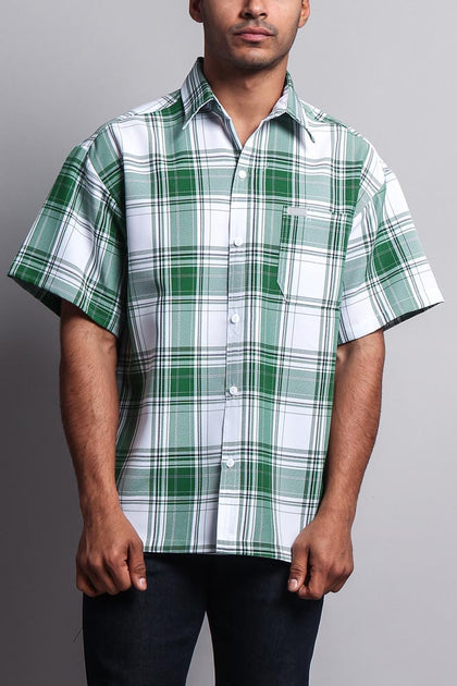 Western Casual Plaid Short Sleeve Button Up Shirt (White/Green