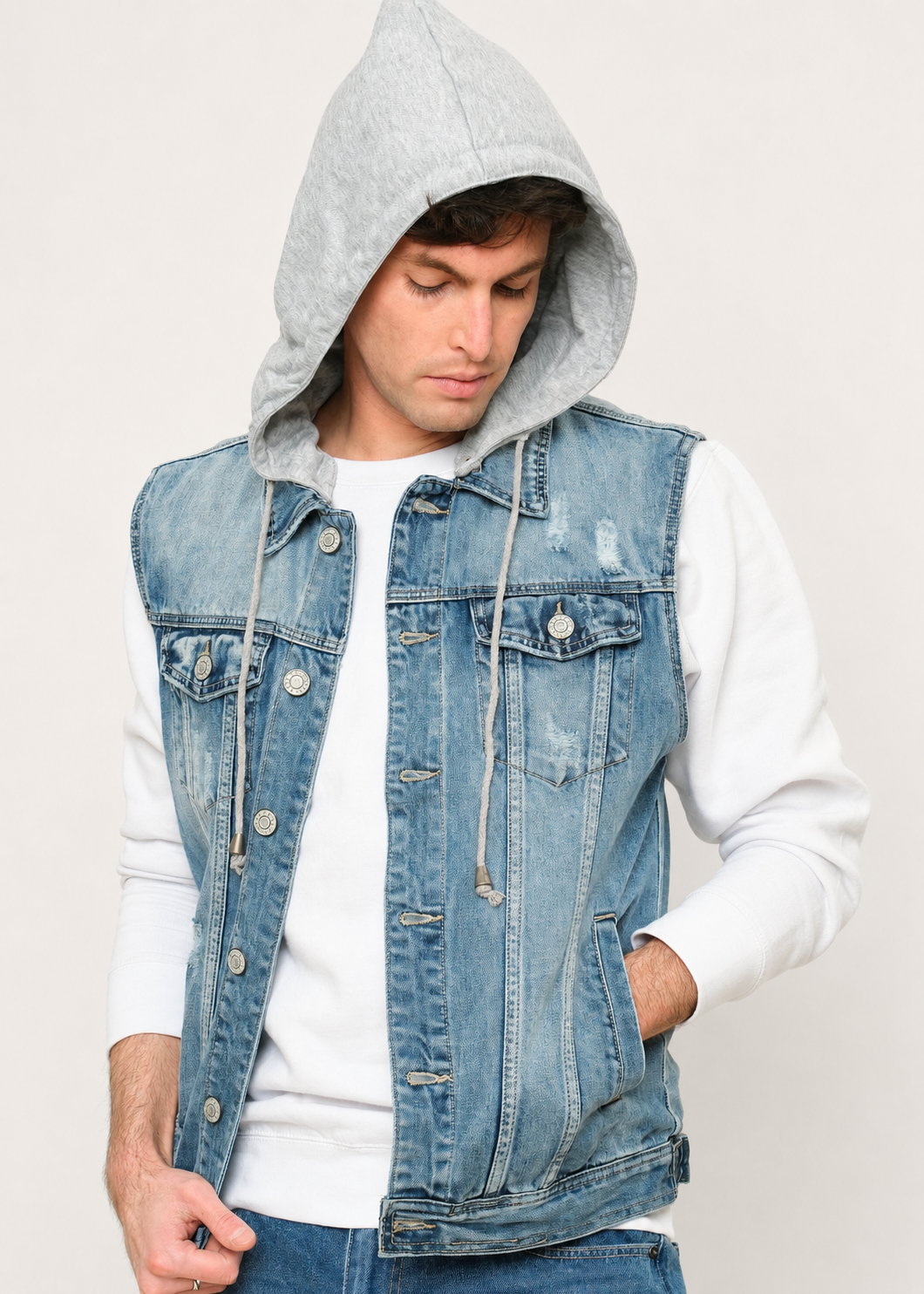 Detachable Hood Denim Vest