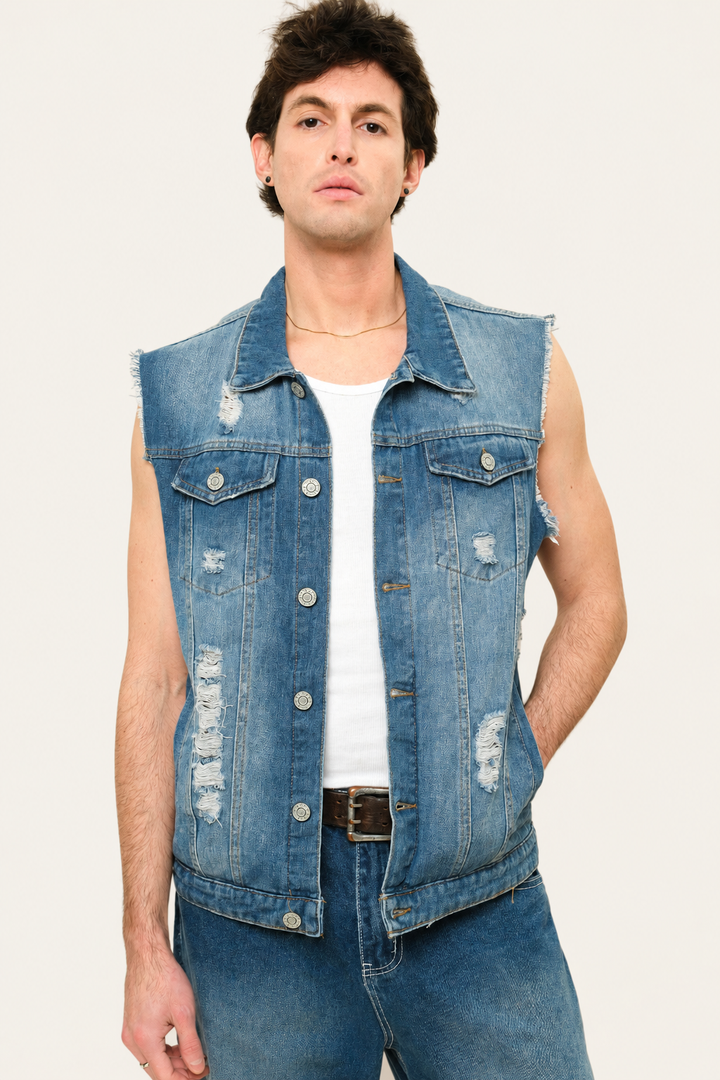 Essential Distressed Denim Vest Victorious