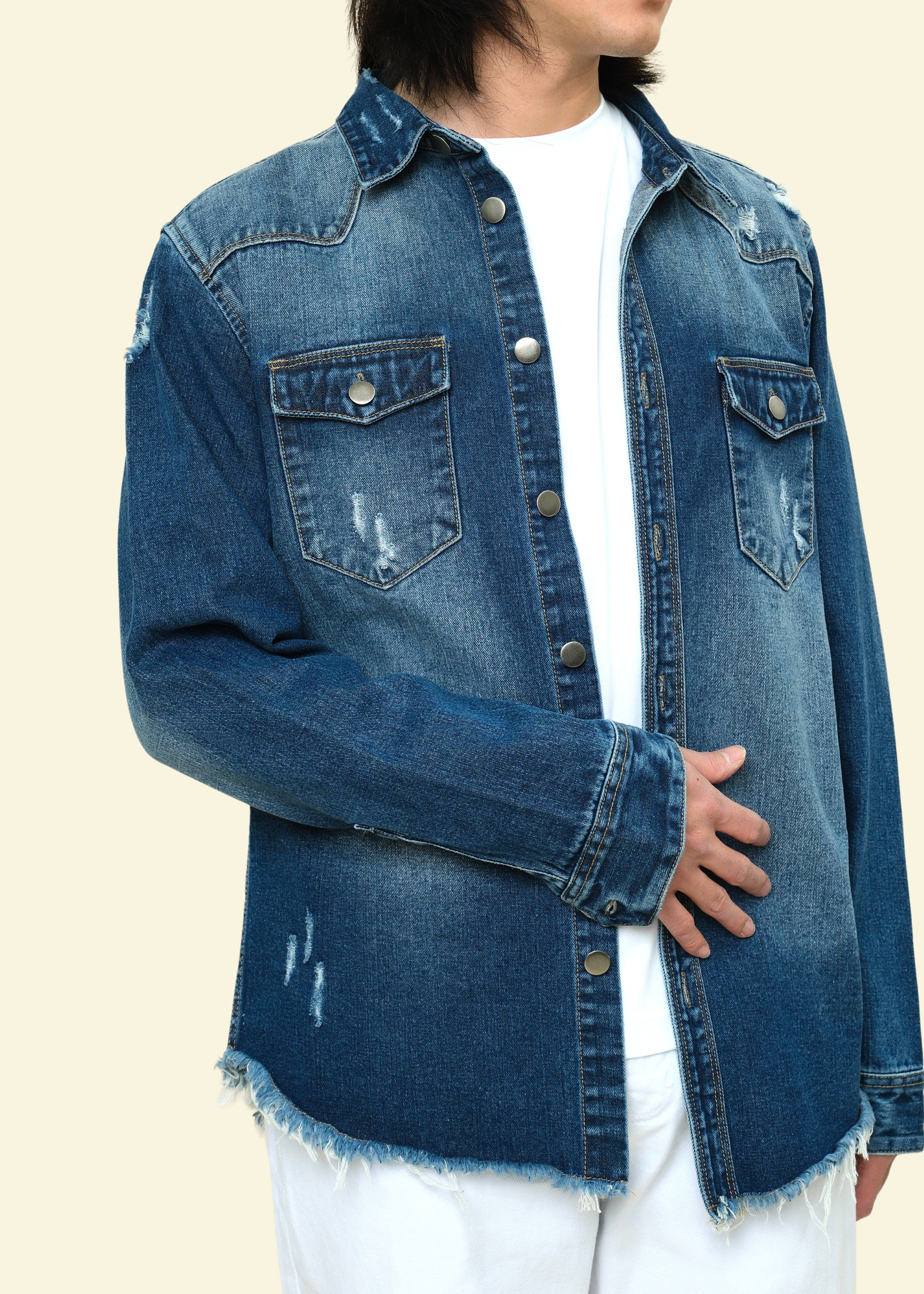 Distressed Denim Button Up Shirt Jacket
