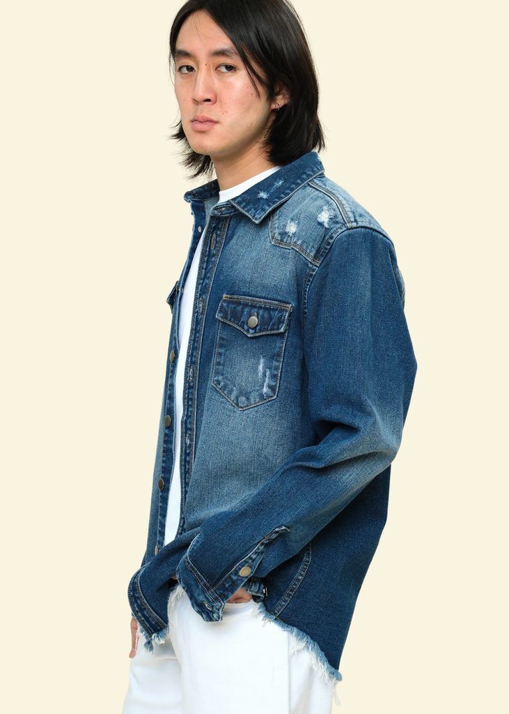 Distressed Denim Button Up Shirt Jacket