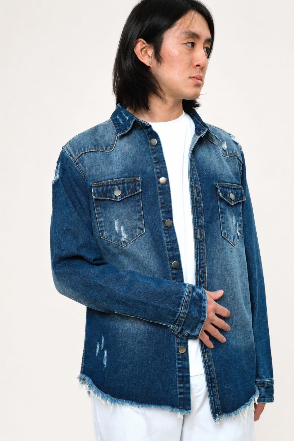 Distressed Denim Button Up Shirt Jacket Victorious