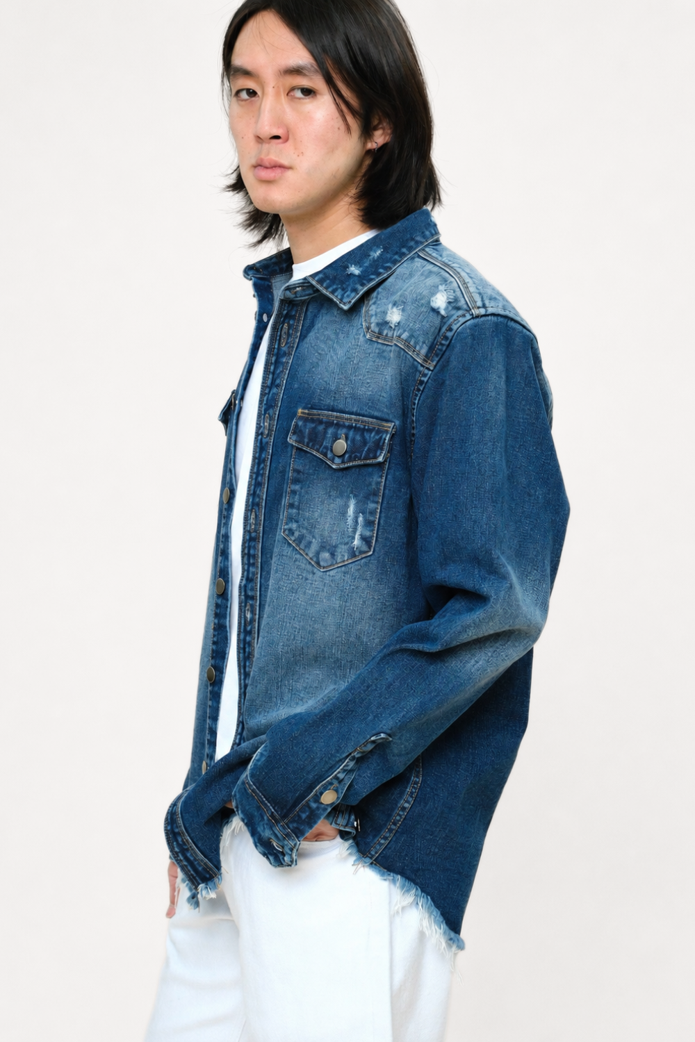 Distressed Denim Button Up Shirt Jacket Victorious