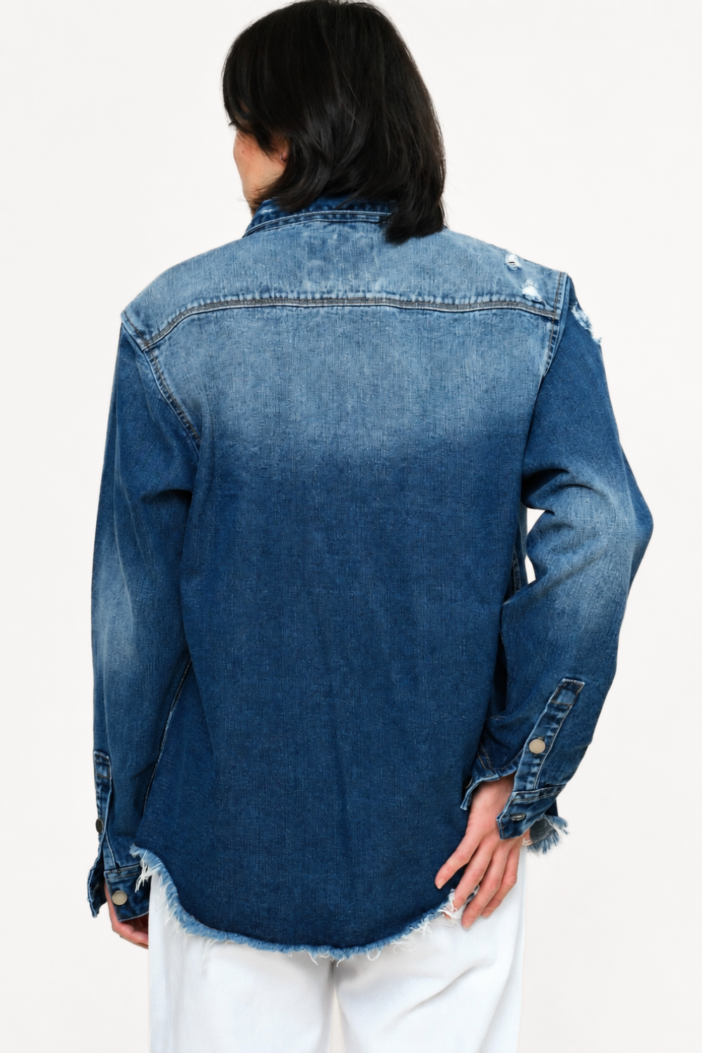 Distressed Denim Button Up Shirt Jacket Victorious