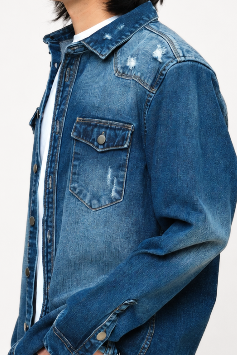 Distressed Denim Button Up Shirt Jacket Victorious