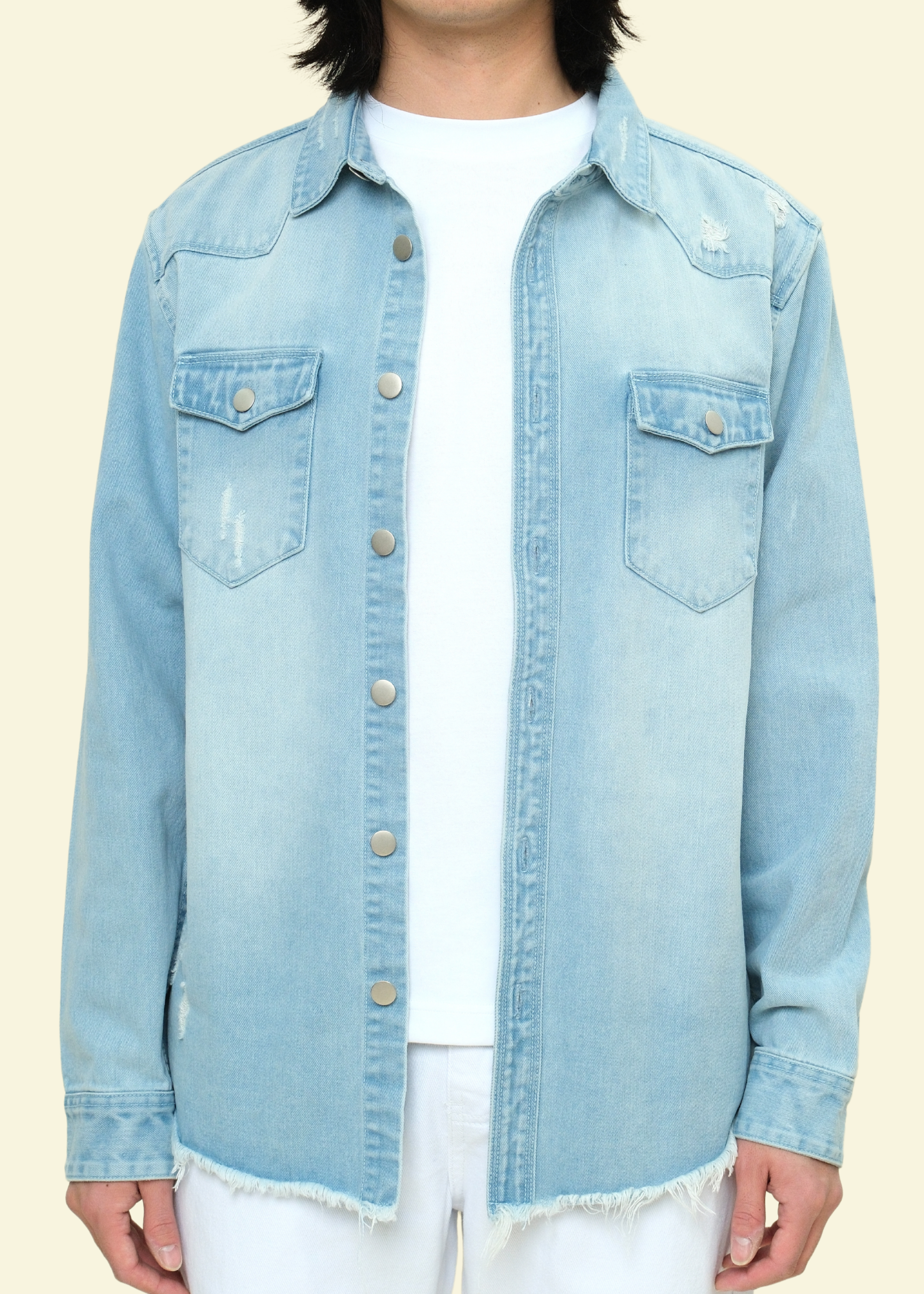 Distressed Denim Button Up Shirt Jacket