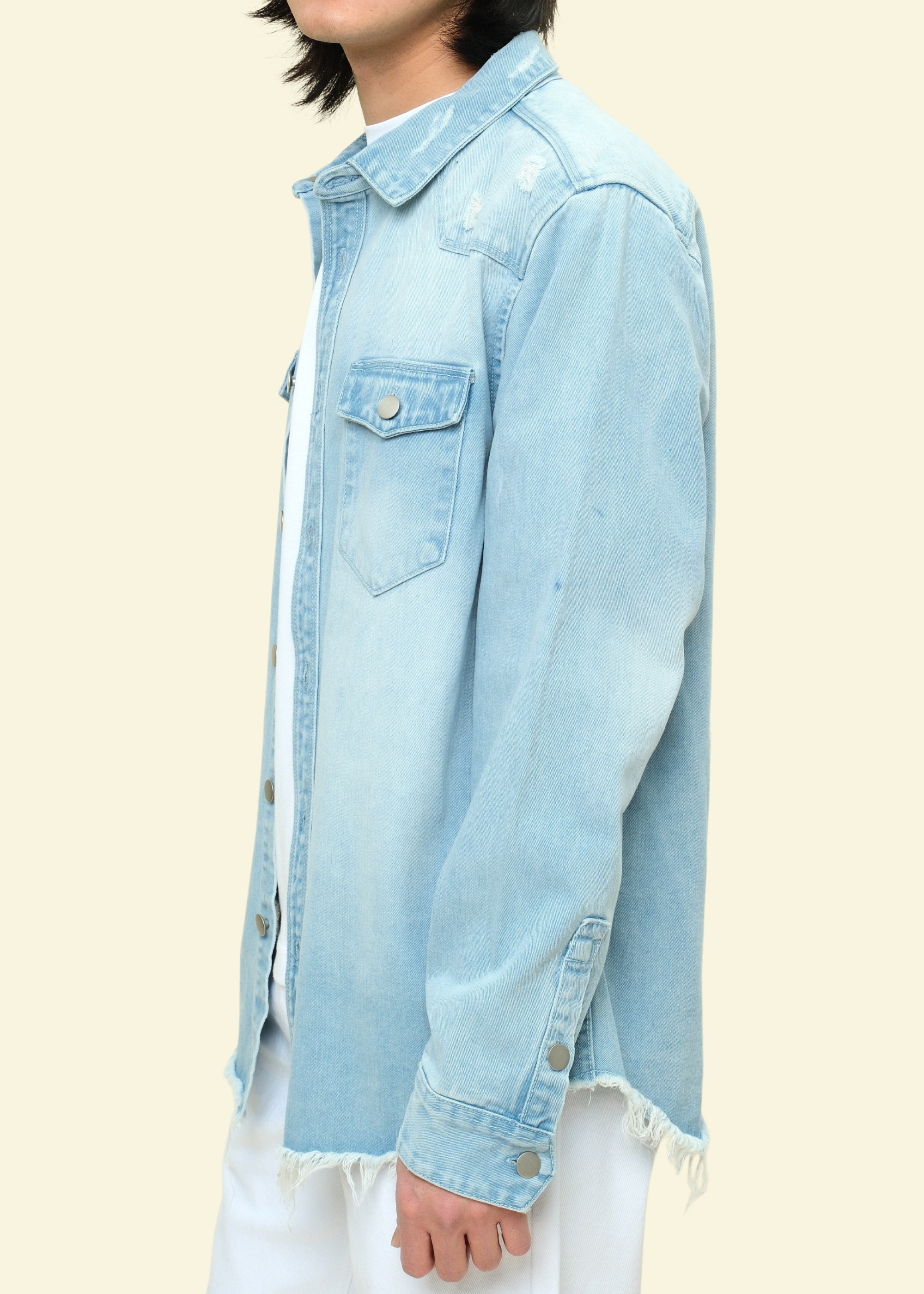 Distressed Denim Button Up Shirt Jacket