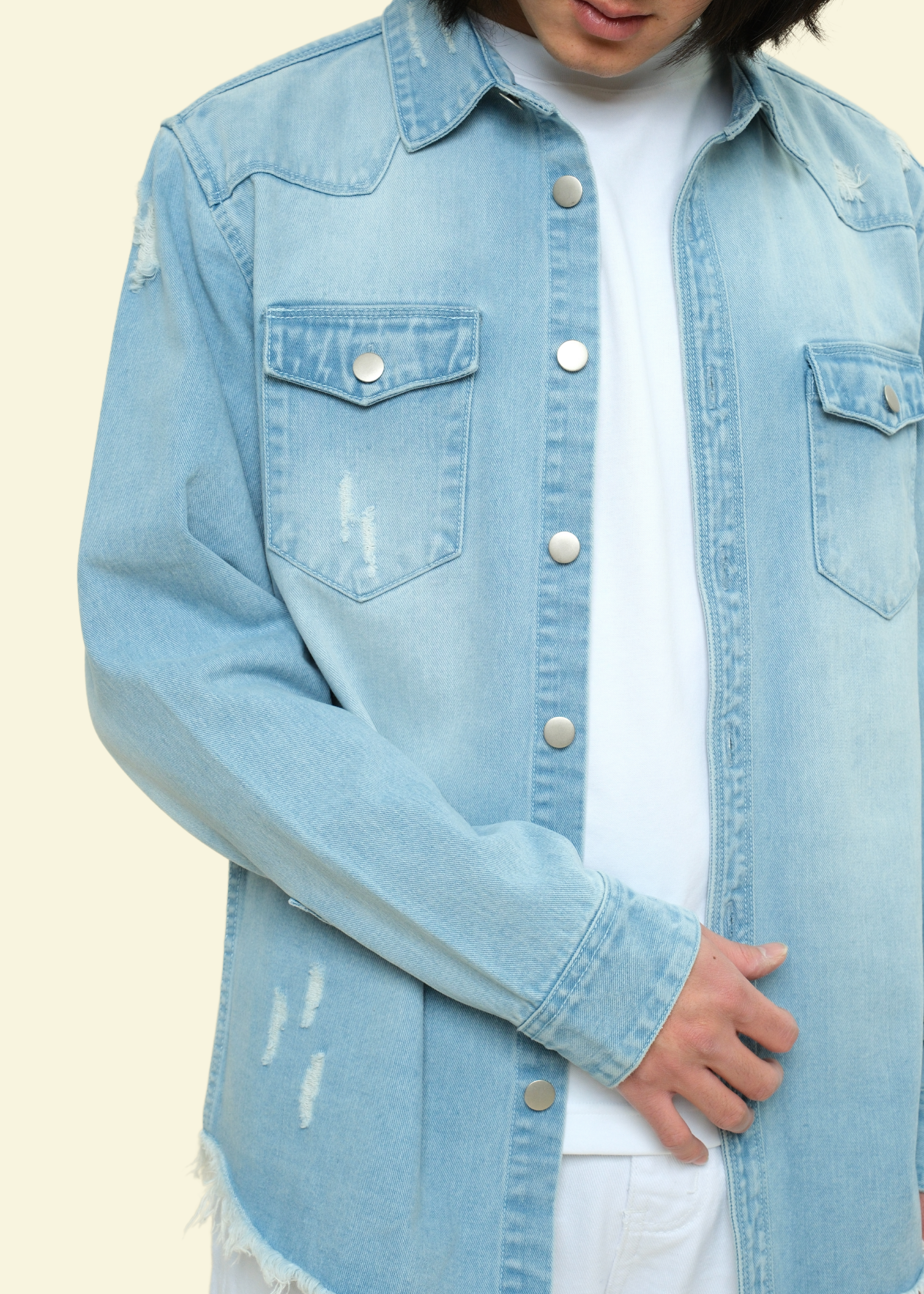 Distressed Denim Button Up Shirt Jacket