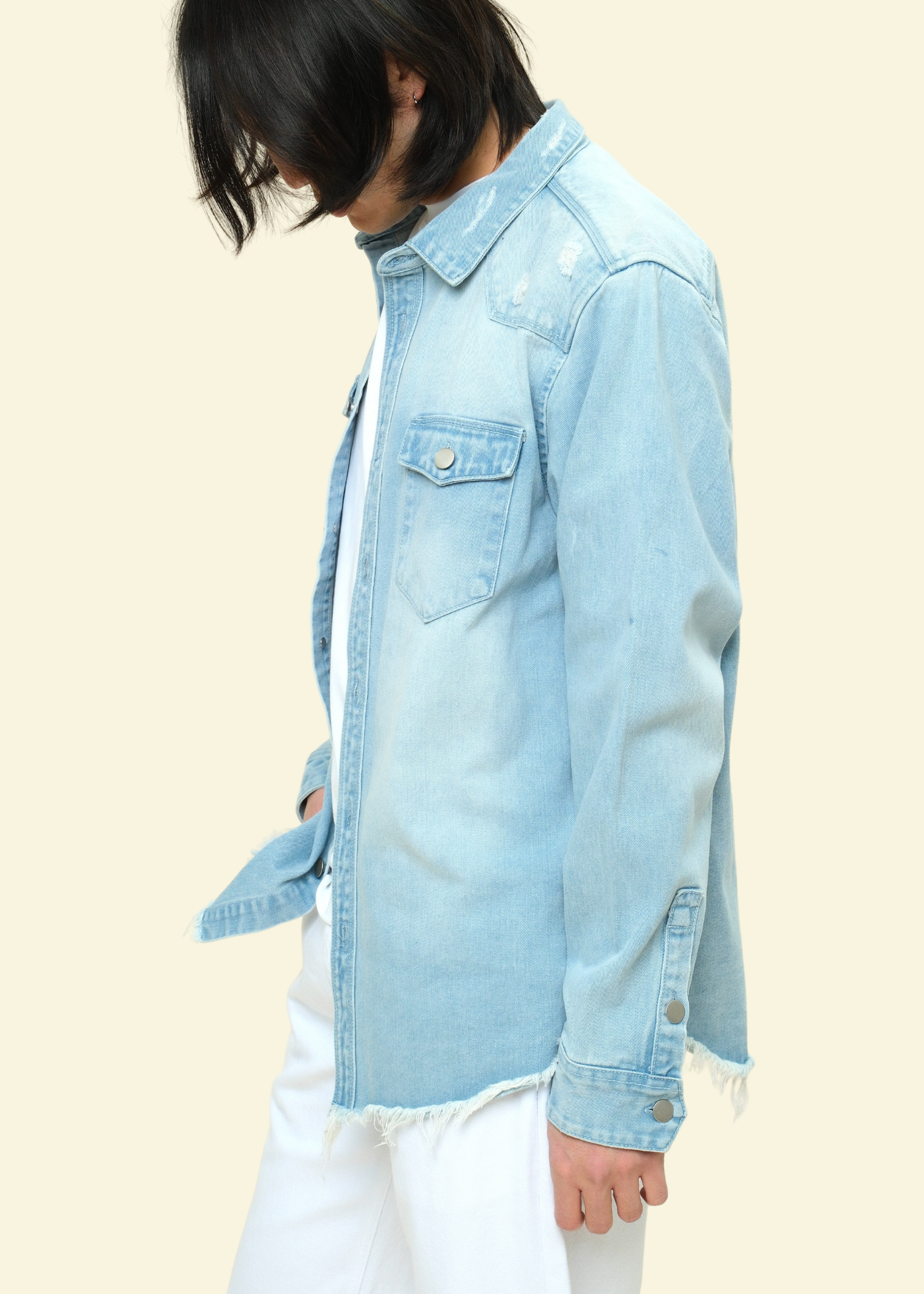 Distressed Denim Button Up Shirt Jacket