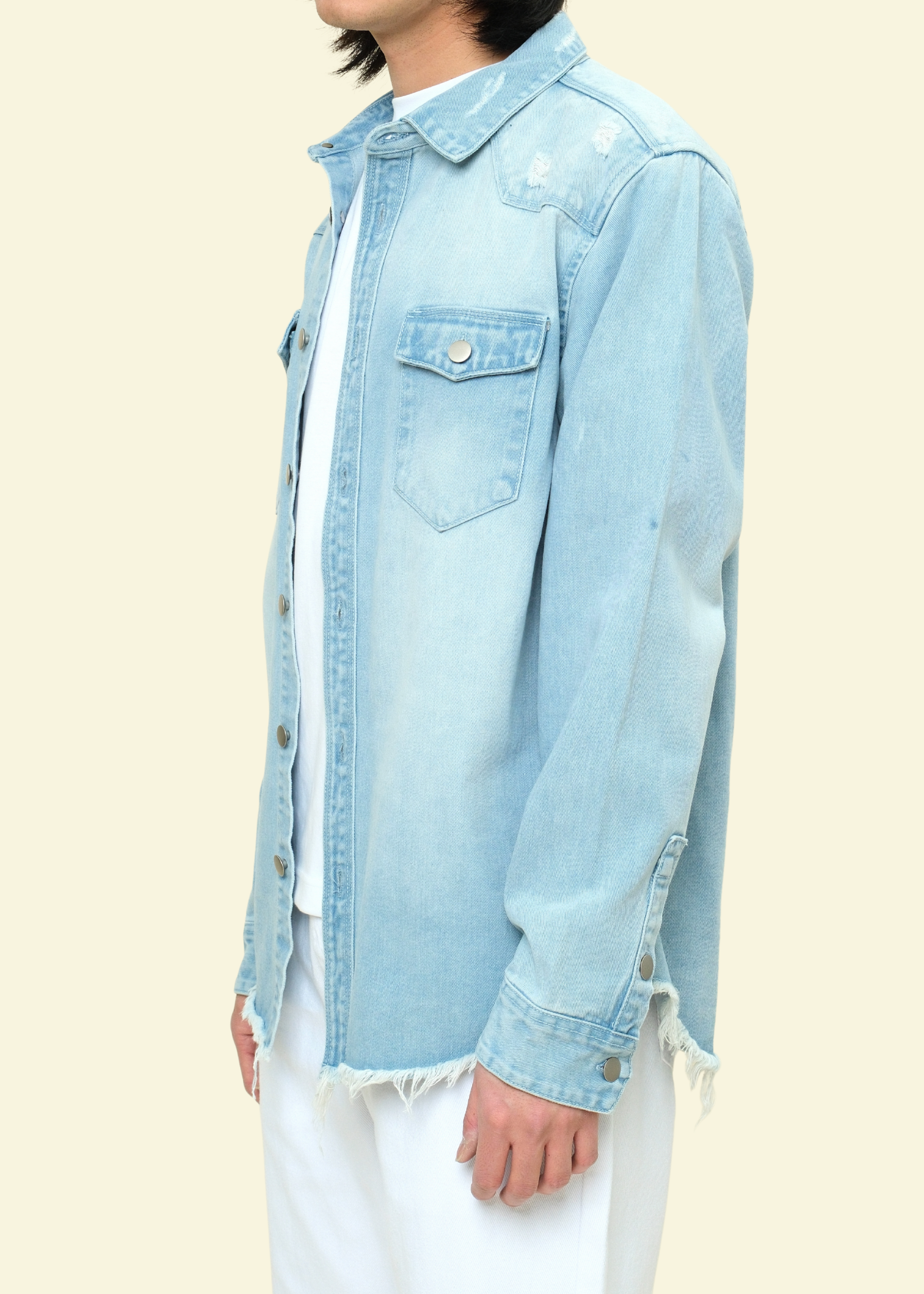Distressed Denim Button Up Shirt Jacket