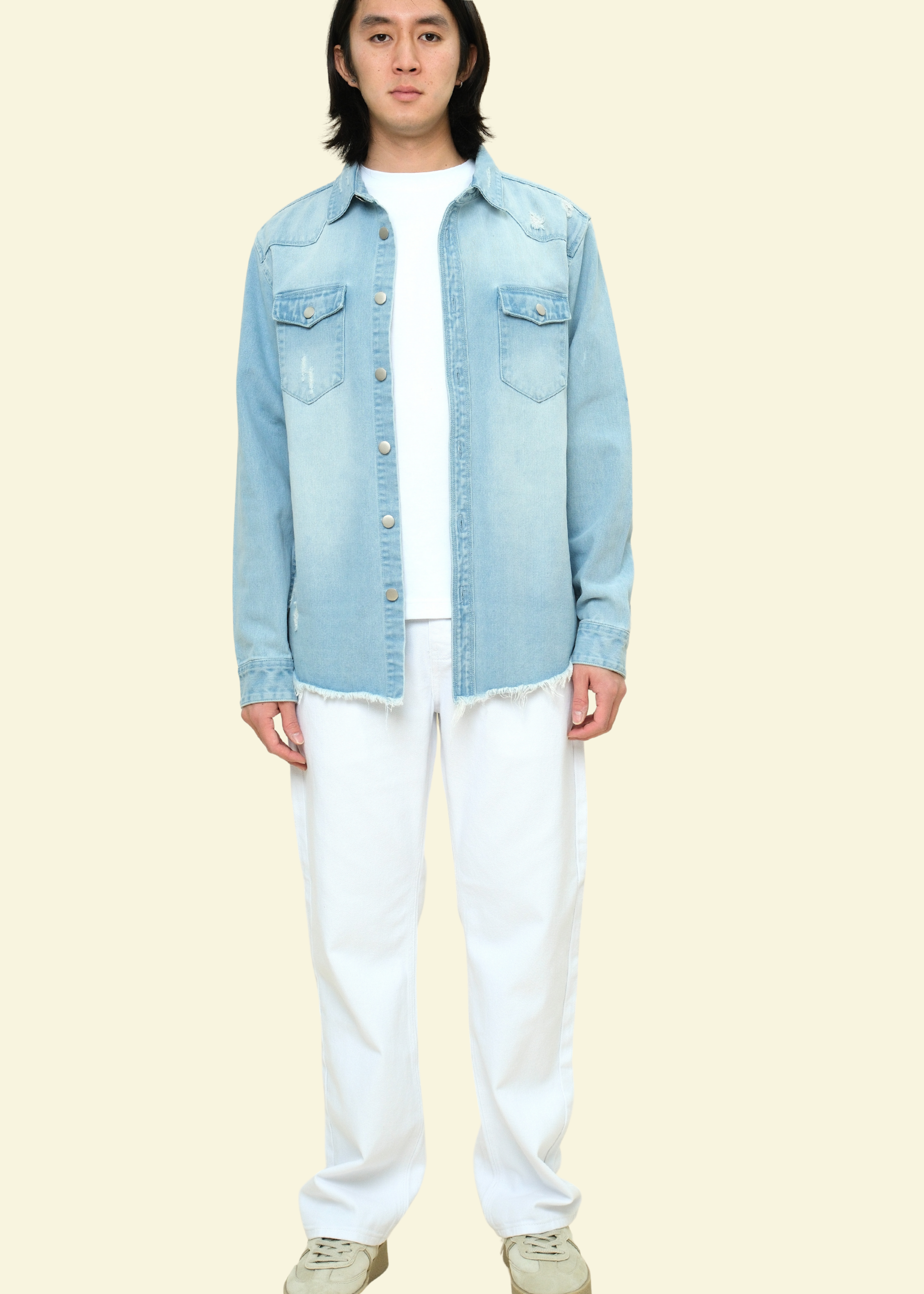 Distressed Denim Button Up Shirt Jacket