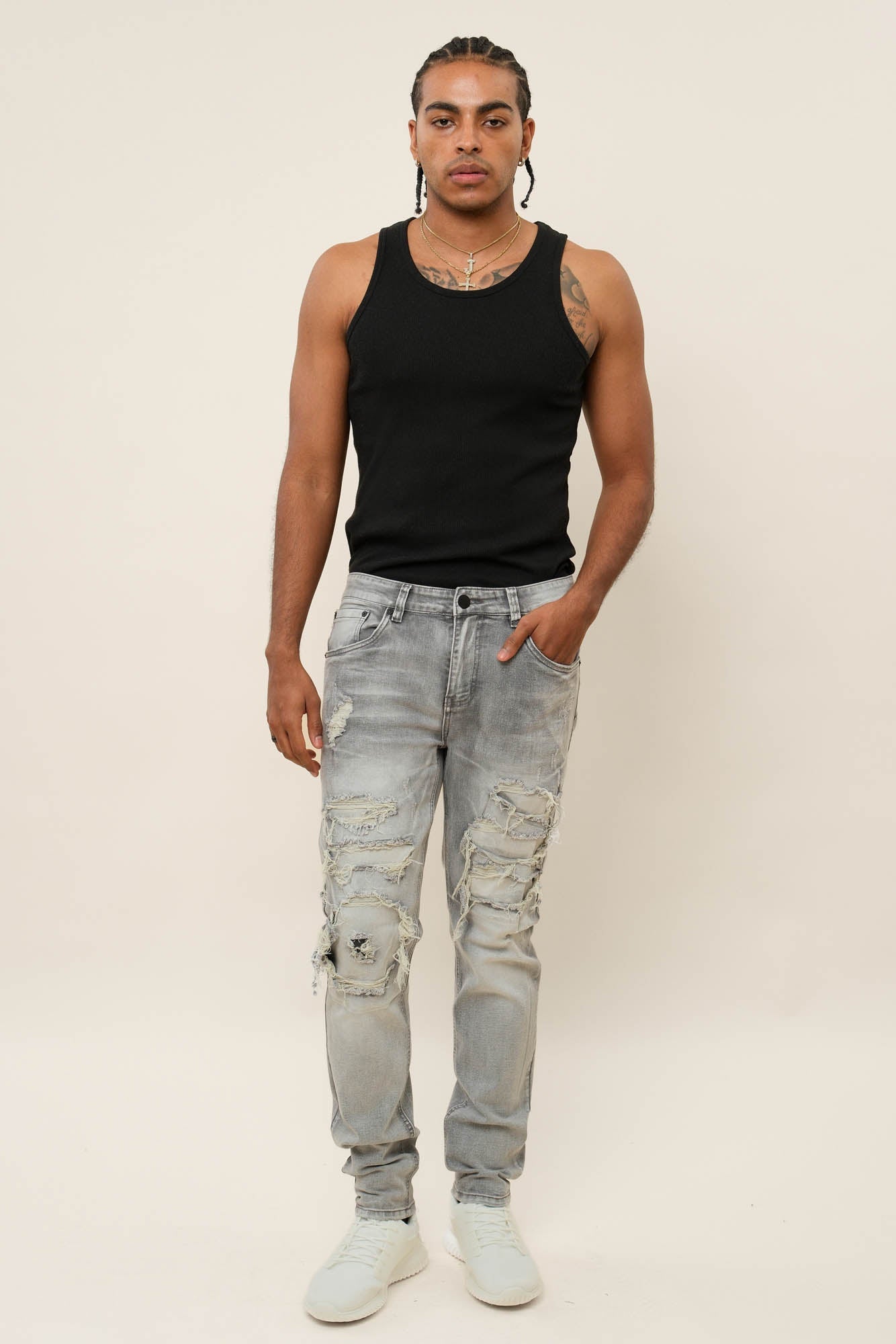 Faded Ripped Repair Denim Jeans