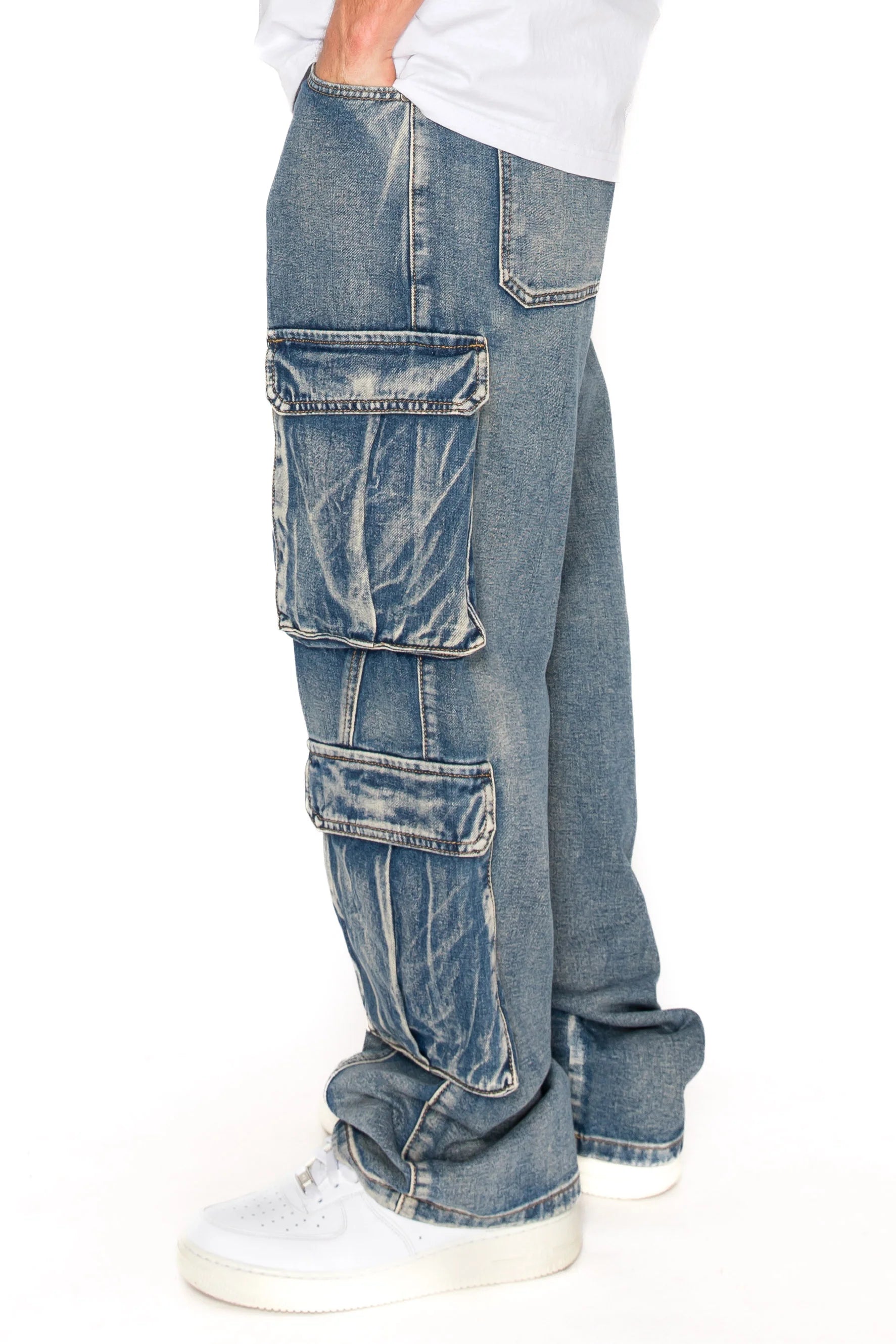 Men's Baggy Fit Double Cargo Denim Jeans