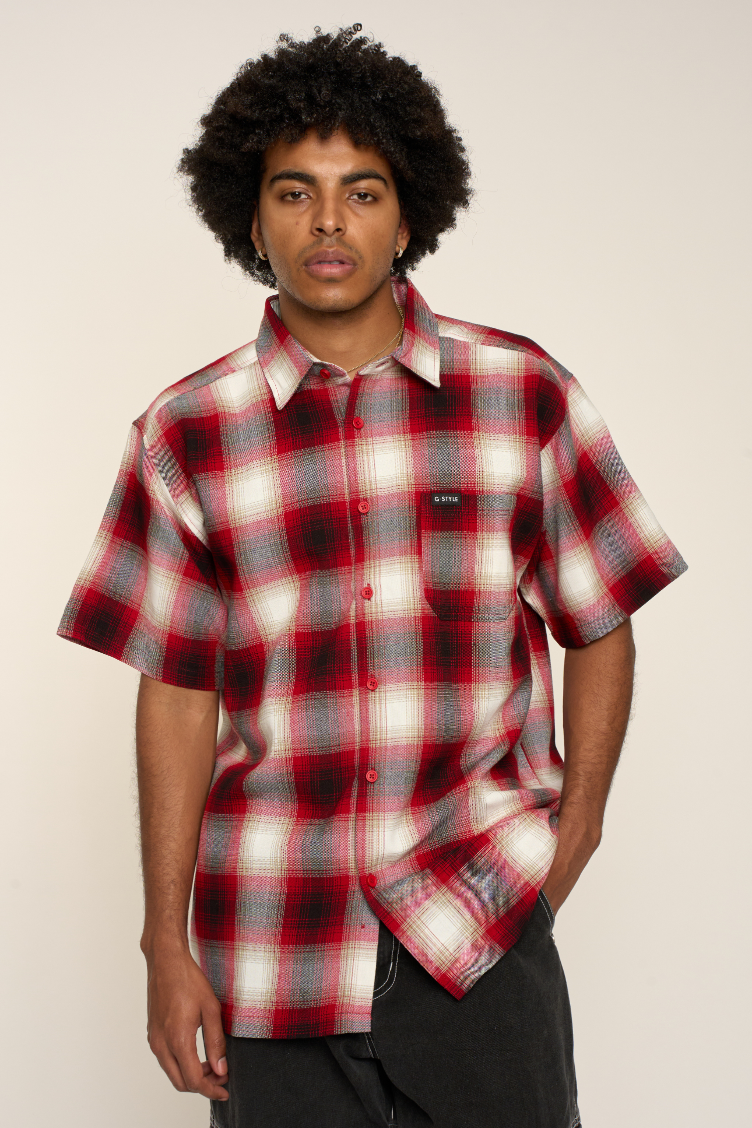 Plaid Short Sleeve Button Up Shirt, Red / Small