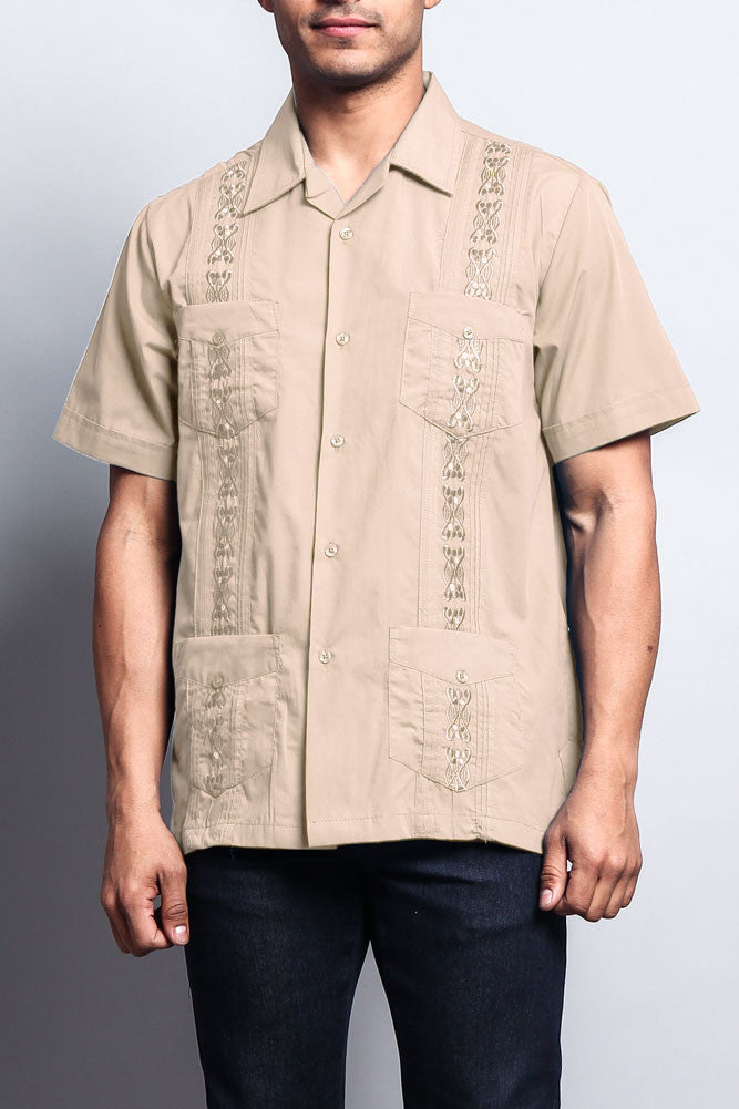 Men's Guayabera Shirt Short Sleeve - Casual Cuban Style Snap Button Shirt, Khaki, X-Large