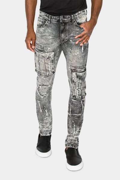 Victorious Men's Distressed Wash Slim Fit Moto Pants Biker Jeans - Ice -  34/32