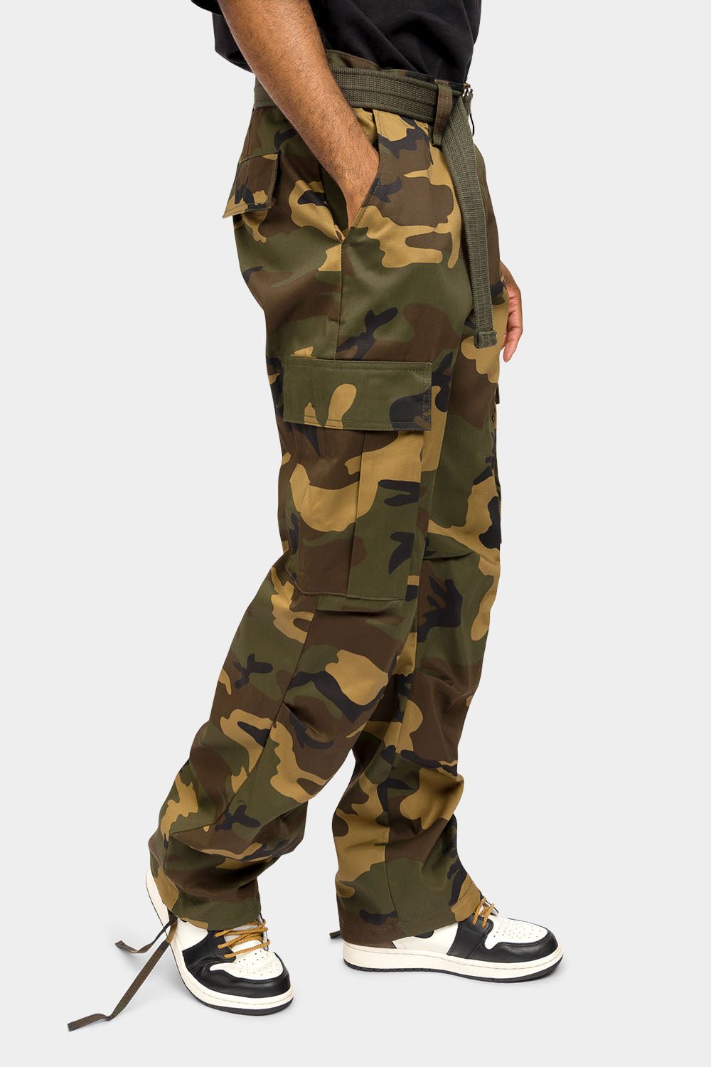 Essential Canvas Cargo Camo Pants with Belt - Woodland Camo
