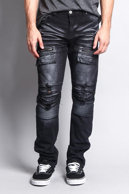 Faded Zipper Cut Cargo Pocket Biker Jeans – G-Style USA