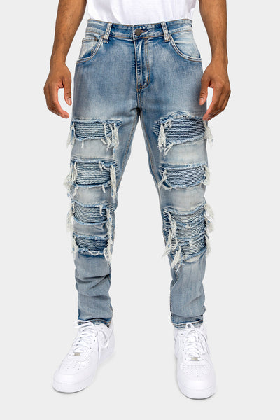 Victorious Men's Distressed Wash Slim Fit Moto Pants Biker Jeans - Ice -  34/32
