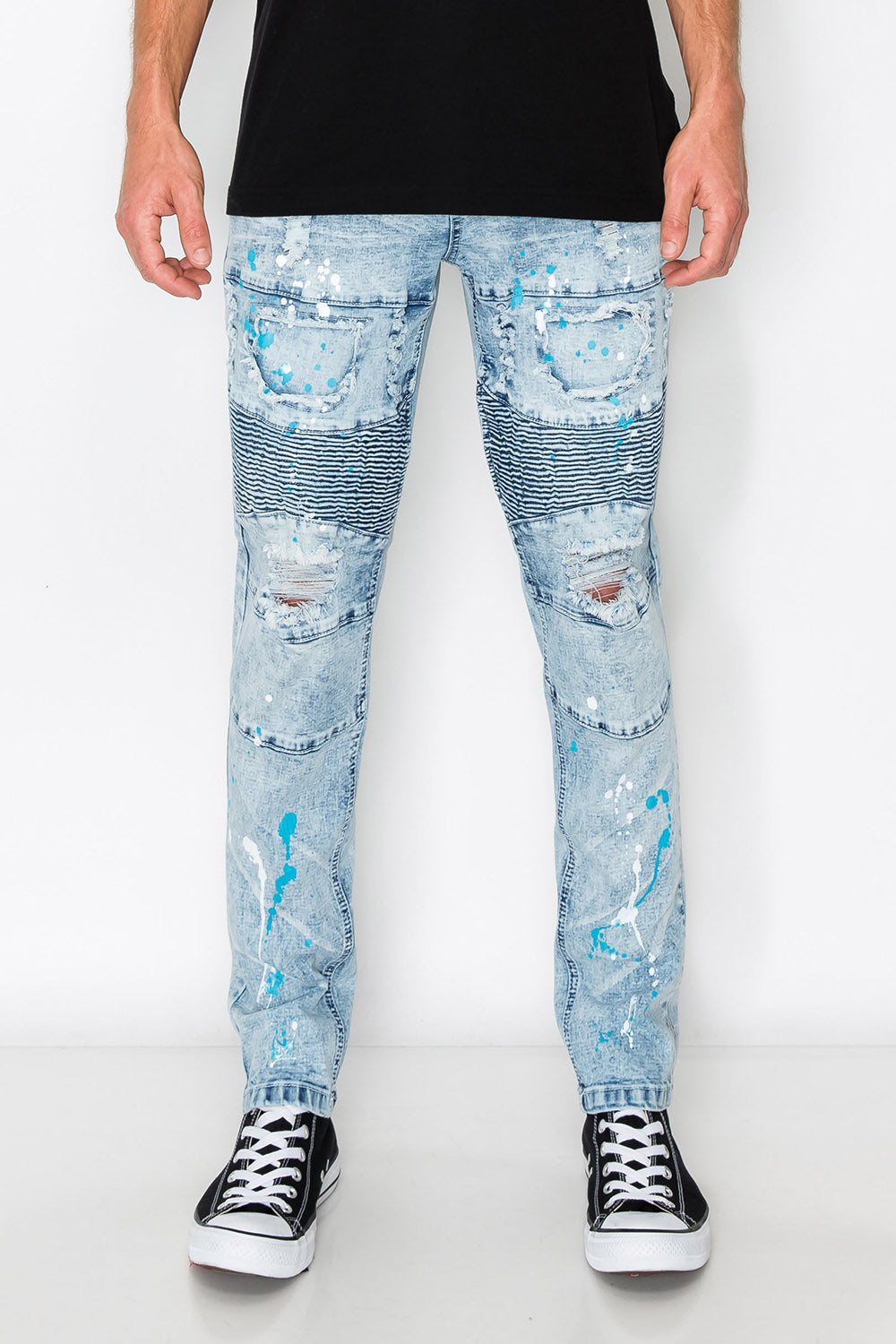 Stacked Paint Splatter Biker Jeans - Main Image