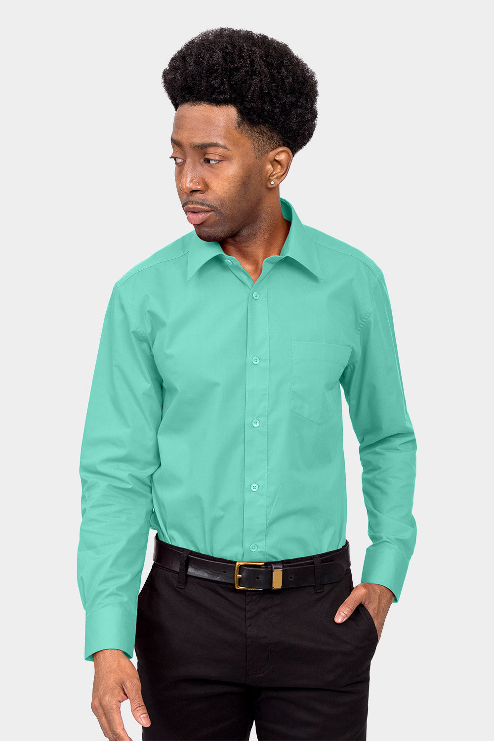 Men's Basic Solid Color Button Up Dress Shirt (Aqua)