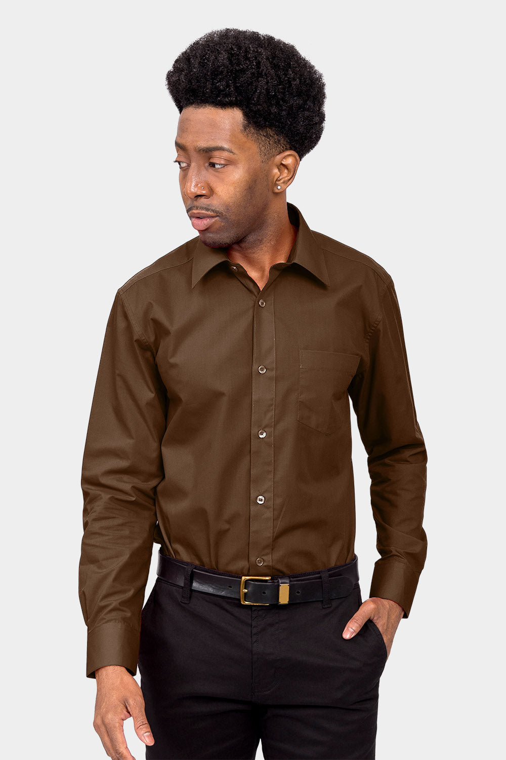 brown dress shirt men Men's Basic Solid Color Button Up Dress Shirt (Brown) Brown / Small/14-14.5 Neck/32-33 Sleeve