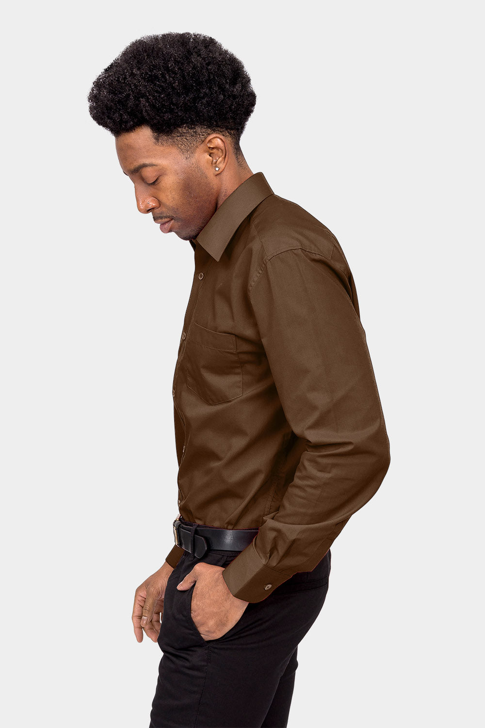 brown dress shirt men Men's Basic Solid Color Button Up Dress Shirt (Brown) Brown / Small/14-14.5 Neck/32-33 Sleeve