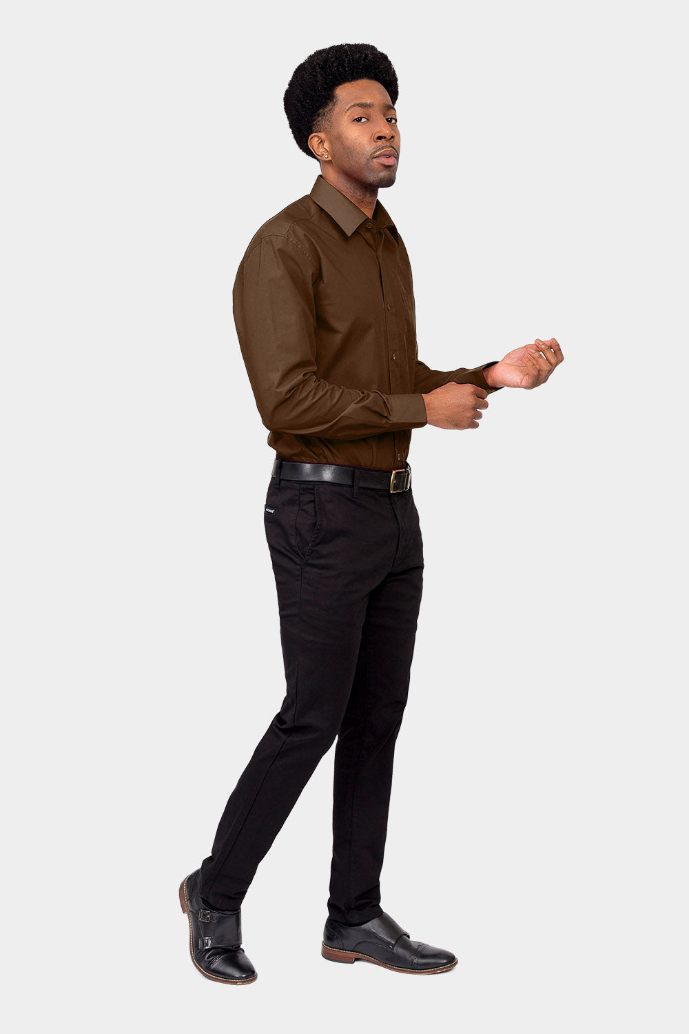 brown men's dress shirt Non-Iron Cotton Solid Dress Shirt With Contrast Trim - Brown