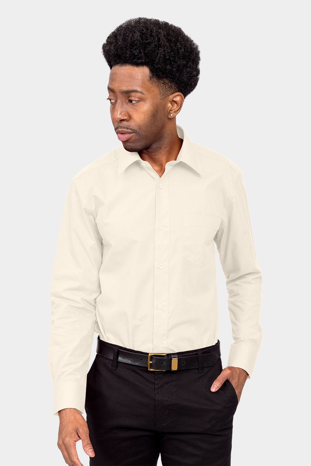 Men's Basic Solid Color Button Up Dress Shirt (Ivory) GStyle USA