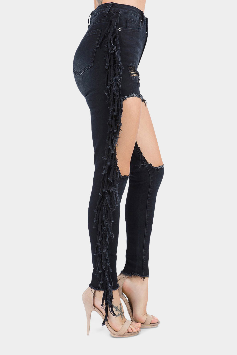 Destroyed High Rise Fringe Denim Jeans - Main Image