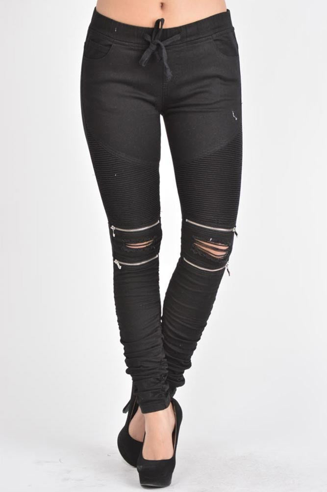 G-Style USA Women's Moto Biker Ripped Zip Jogger Pants RJJ777 - S To 3XL
