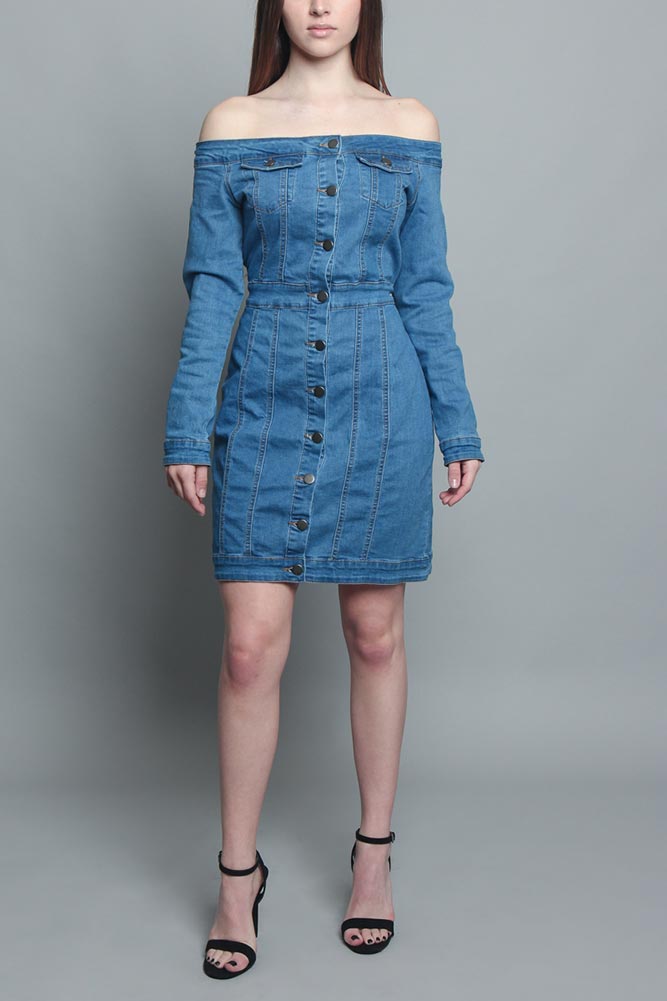 Off the Shoulder Denim Dress Dark Blue / Medium Off the Shoulder Denim Dress Dark Blue / Medium
