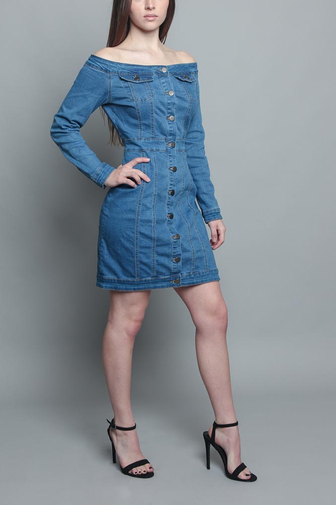 open shoulder denim dress Denim Off The Shoulder Midi Dress Yourdarlingstyle