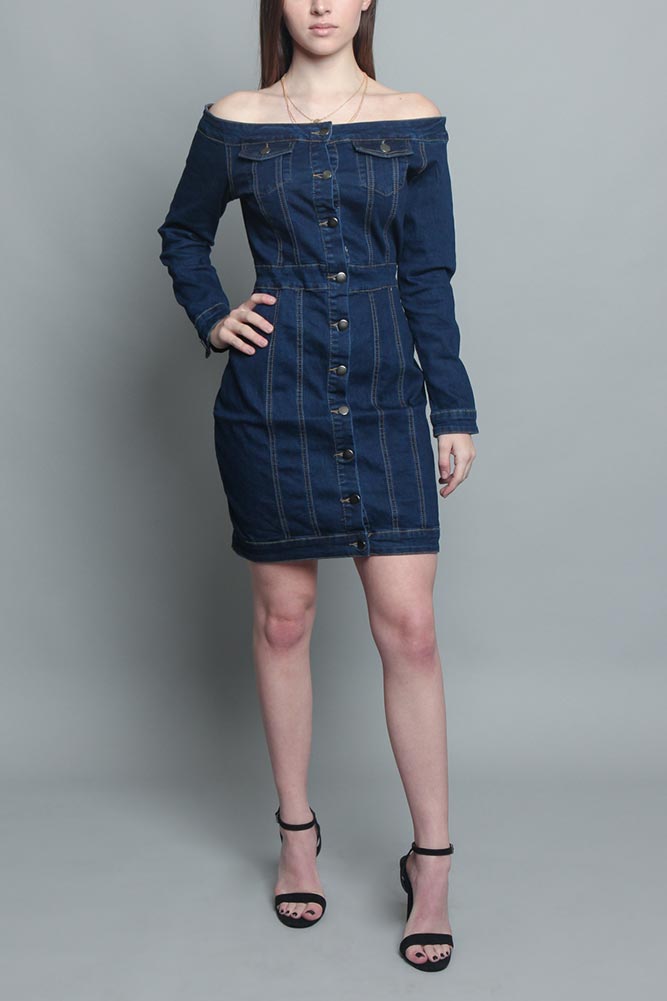 Off the Shoulder Denim Dress Dark Blue / Small Off the Shoulder Denim Dress Dark Blue / Small