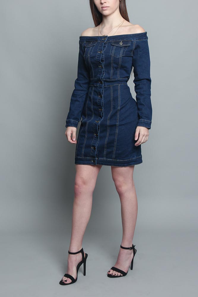 Off The Shoulder Denim Dress Dark Blue / Medium Off The Shoulder Denim Dress Dark Blue / Medium