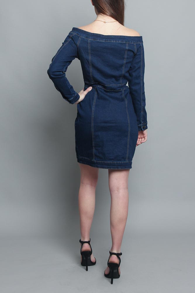 off the shoulder denim dress Off the Shoulder Denim Dress Dark Blue / Medium