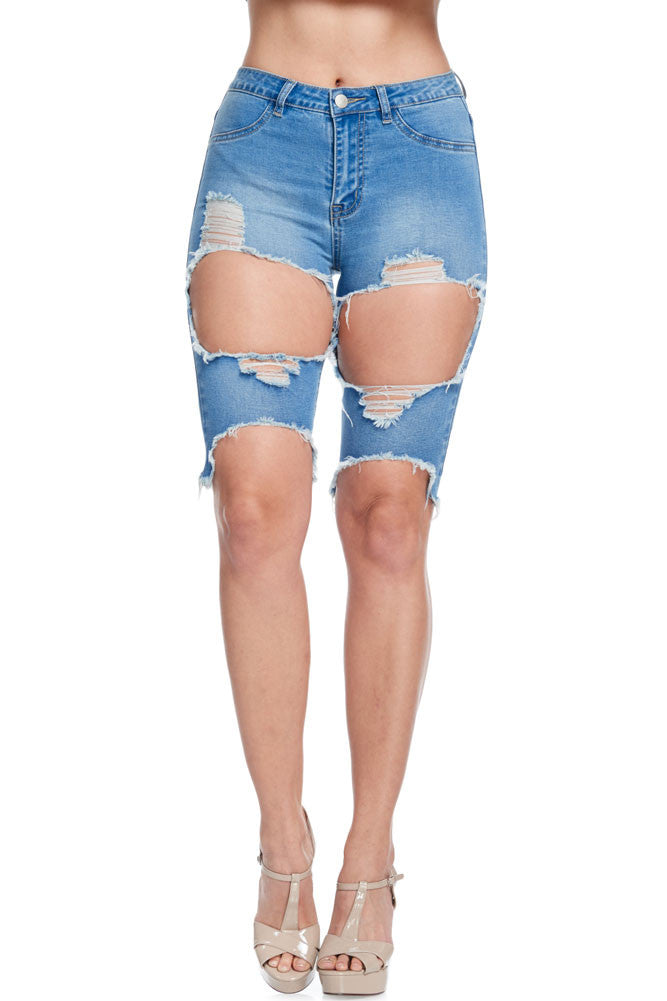 Knee length ripped hot sale jean shorts