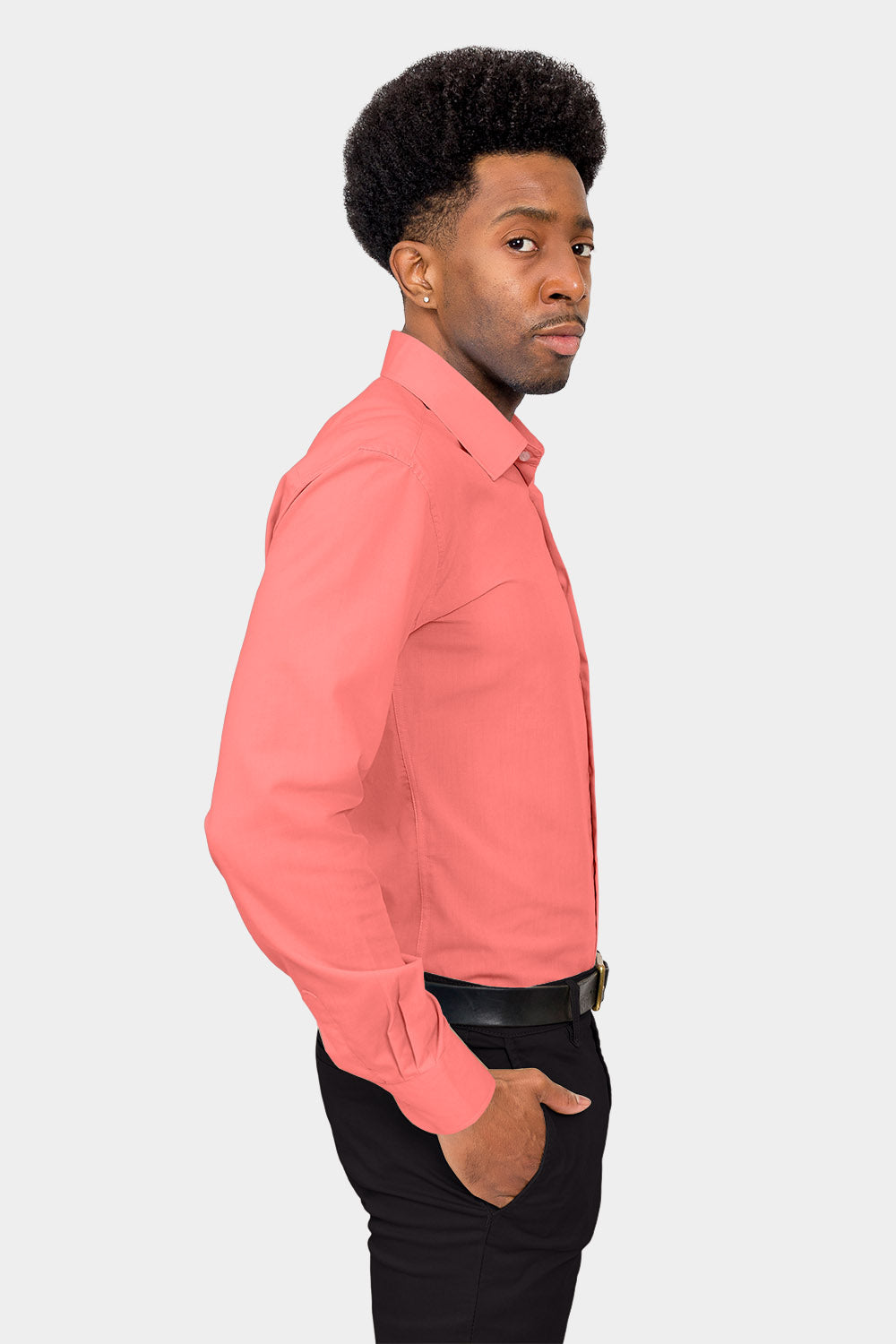 Men's Slim Fit Solid Color Dress Shirt (Coral) Coral / Medium/15-15.5 Neck/32-33 Sleeve