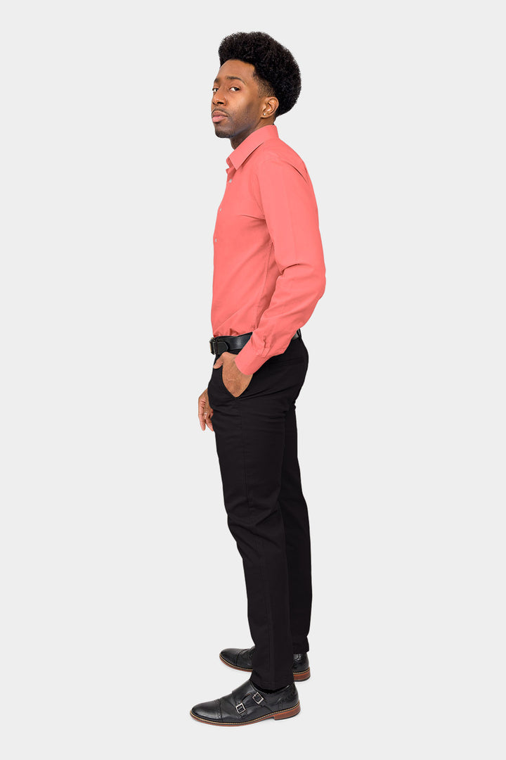 Men's Slim Fit Solid Color Dress Shirt (Coral)