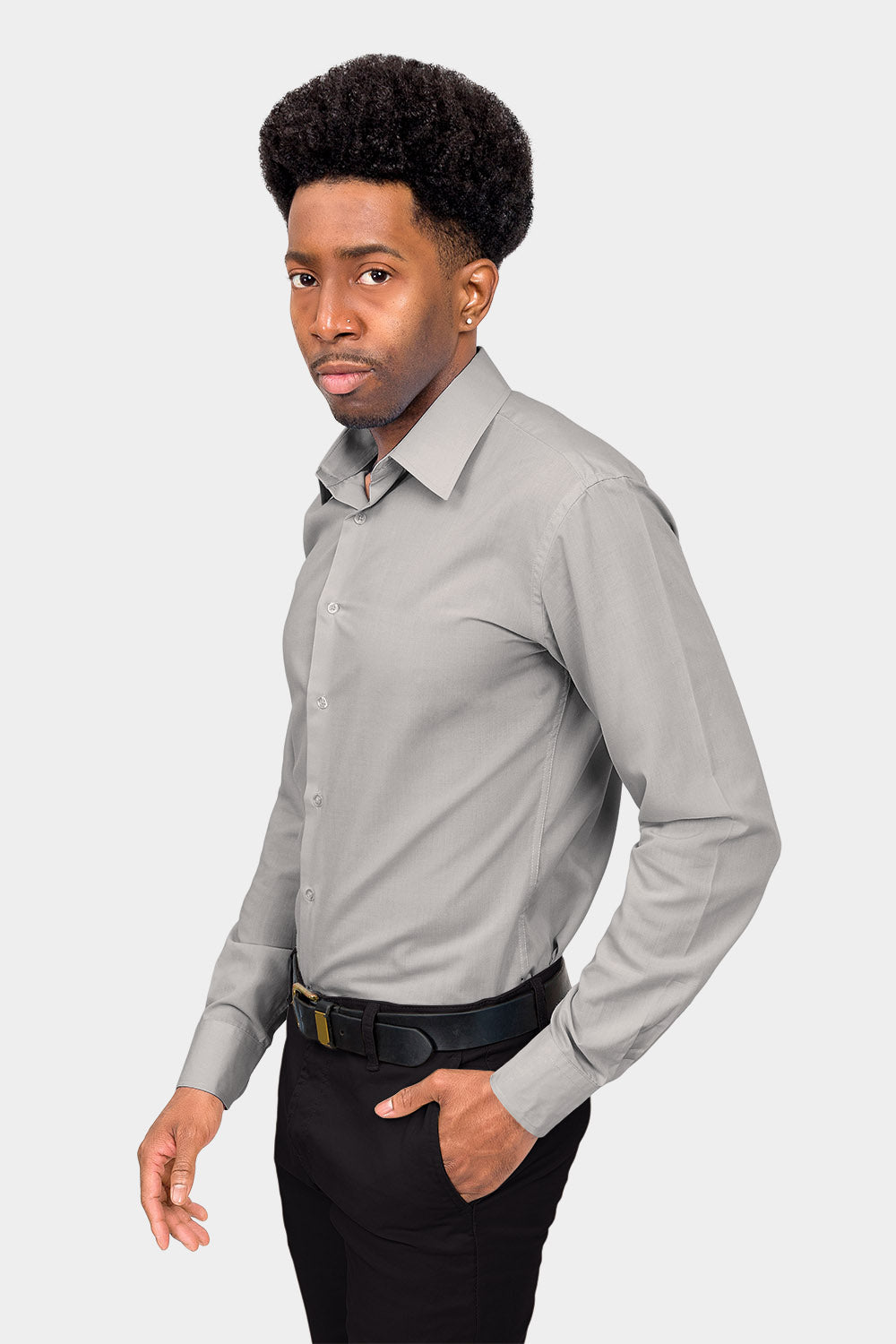 men dress shirt Men's Slim Fit Solid Color Dress Shirt (Grey) Grey / Large/16-16.5 Neck/32-33 Sleeve