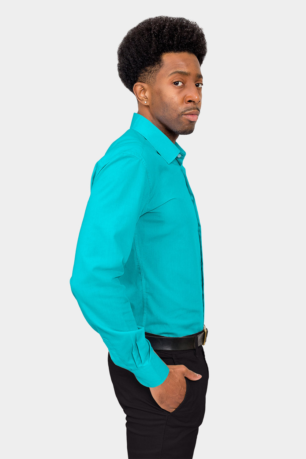 Men's Slim Fit Solid Color Dress Shirt (Turquoise) Turquoise / Medium/15-15.5 Neck/32-33 Sleeve