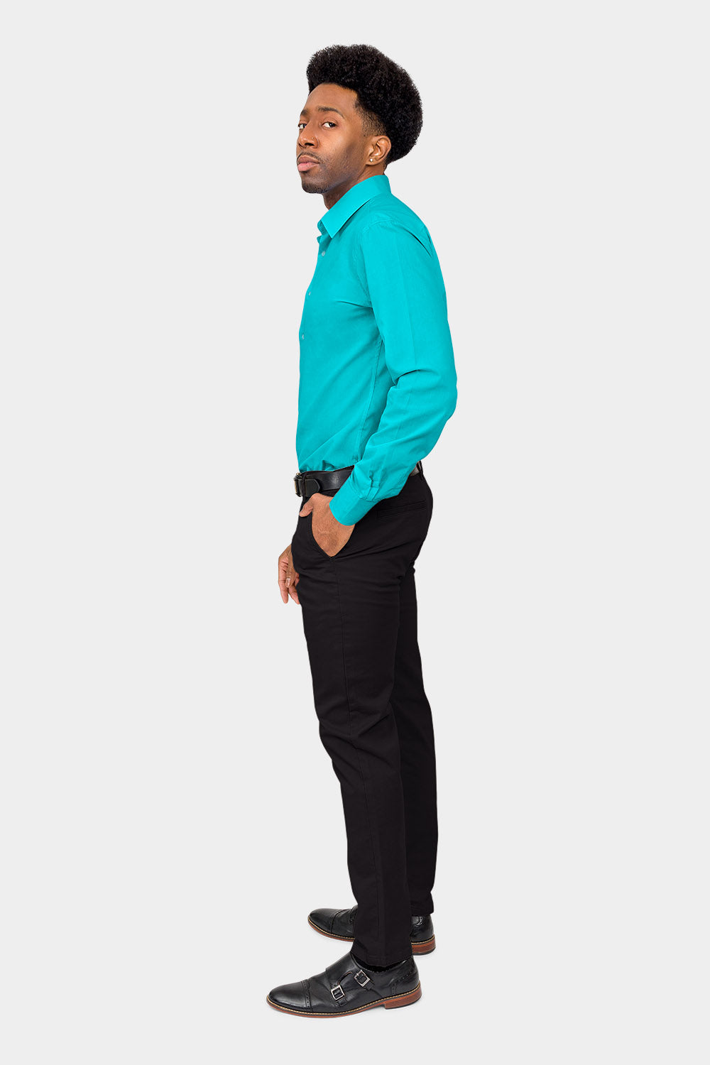 Men's Slim Fit Solid Color Dress Shirt (Turquoise) Turquoise / Medium/15-15.5 Neck/32-33 Sleeve