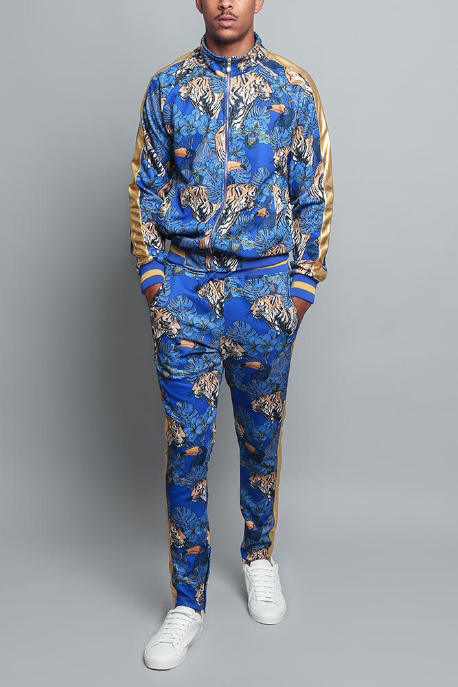 Men's Gold Accent Tiger Print Track Suits 2 Piece Sweat suit Set
