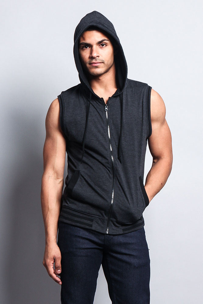 Victorious Men's Lightweight Sleeveless Zip Hoodie - Contrast Color Athletic Vest, Dirty Pink/White, 3XL
