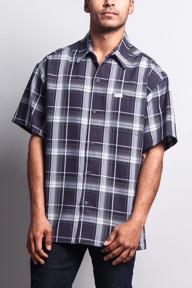 Western Casual Plaid Short Sleeve Button Up Shirt (Charcoal) – G